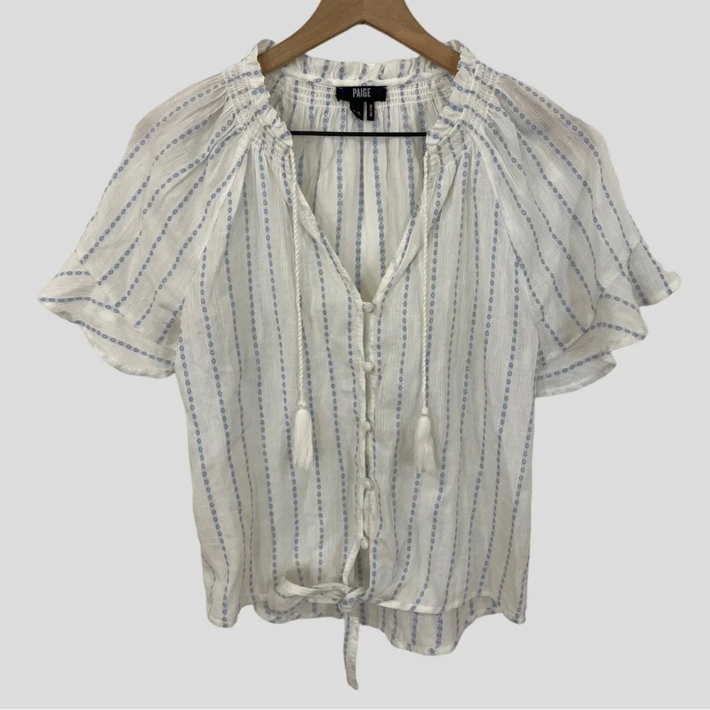 Paige White + Blue Embroidered Tie Waist Tassel Detail Cropped Shirt Size XS